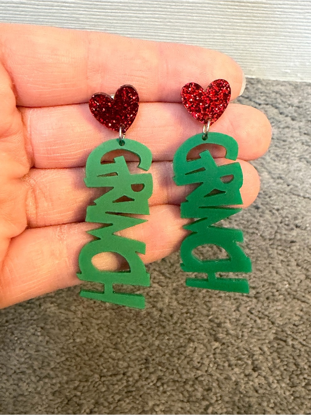 Green Holiday Statement Drop Earrings with Red Glitter Heart Studs